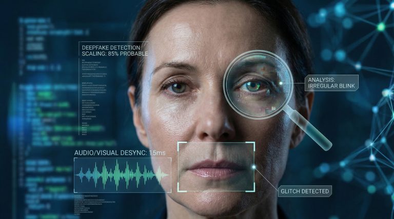 Deep Fake -kuva, jossa nainen tarkastelee digitaalista analyysiä ja tunnistaa syväväärennöksen.