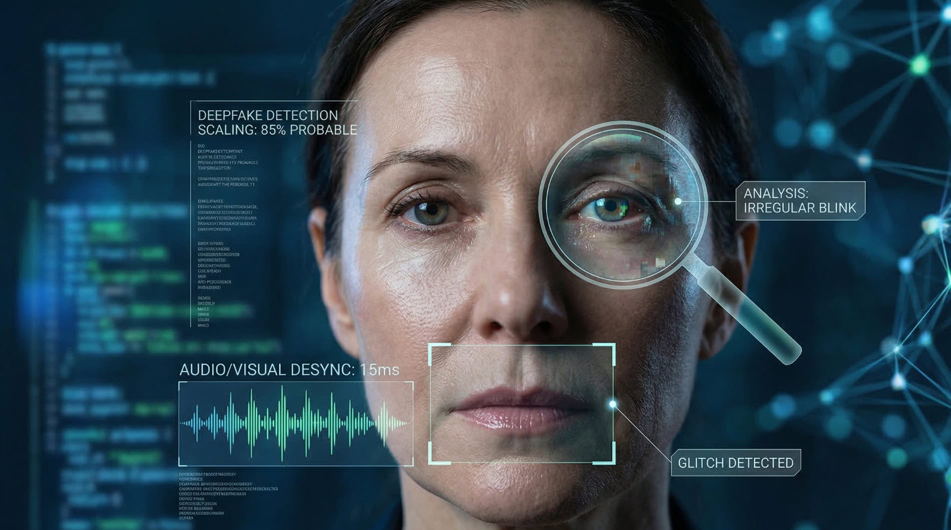 Deep Fake -kuva, jossa nainen tarkastelee digitaalista analyysiä ja tunnistaa syväväärennöksen.